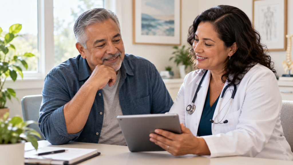 Latina man in his late 50s reviewing health information on a tablet with a doctor in a bright medical office, appearing encouraged and engaged.