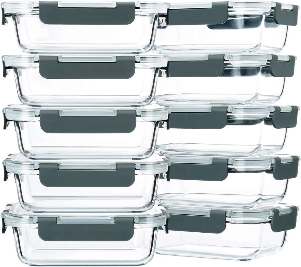 10 Pack, 22 oz Glass Food Storage Containers with Lids, Gray