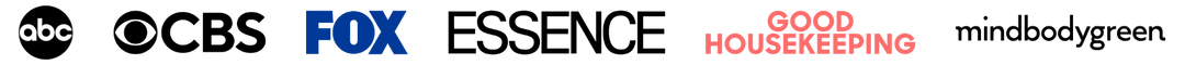 Media logos: ABC, CBS, FOX, Essence, Good Housekeeping, mindbodygreen