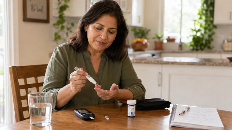 Checking blood sugar at the kitchen table
