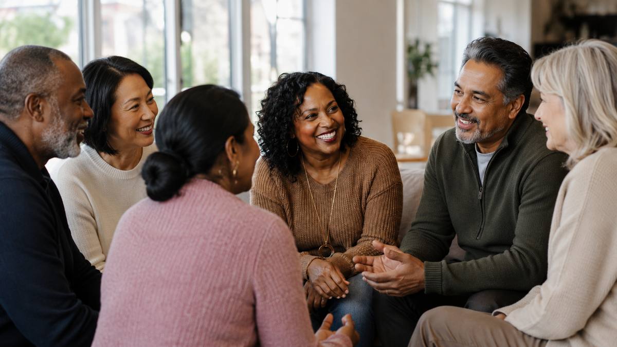 A group of people talking and supporting each other