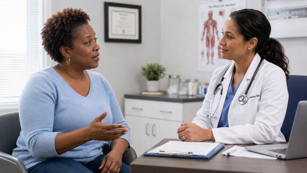 A patient talking through her health with her doctor