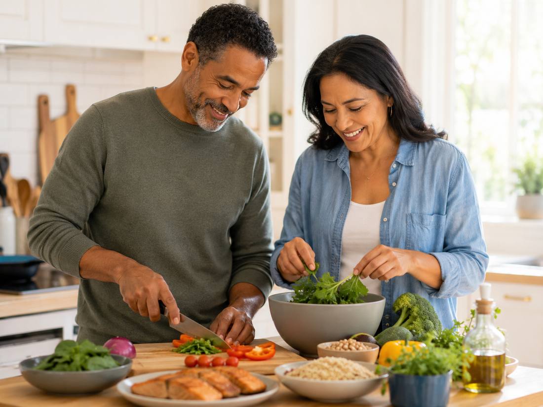 A couple preparing a fresh, balanced meal at home