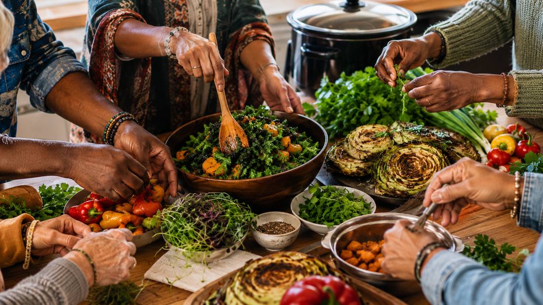 Family hands preparing a meal together