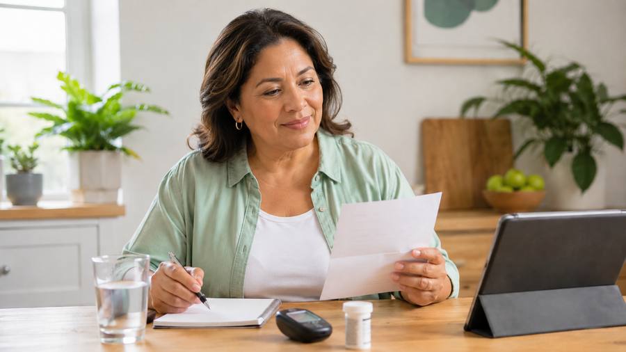 Reviewing personal blood sugar readings with a glucose meter and notes