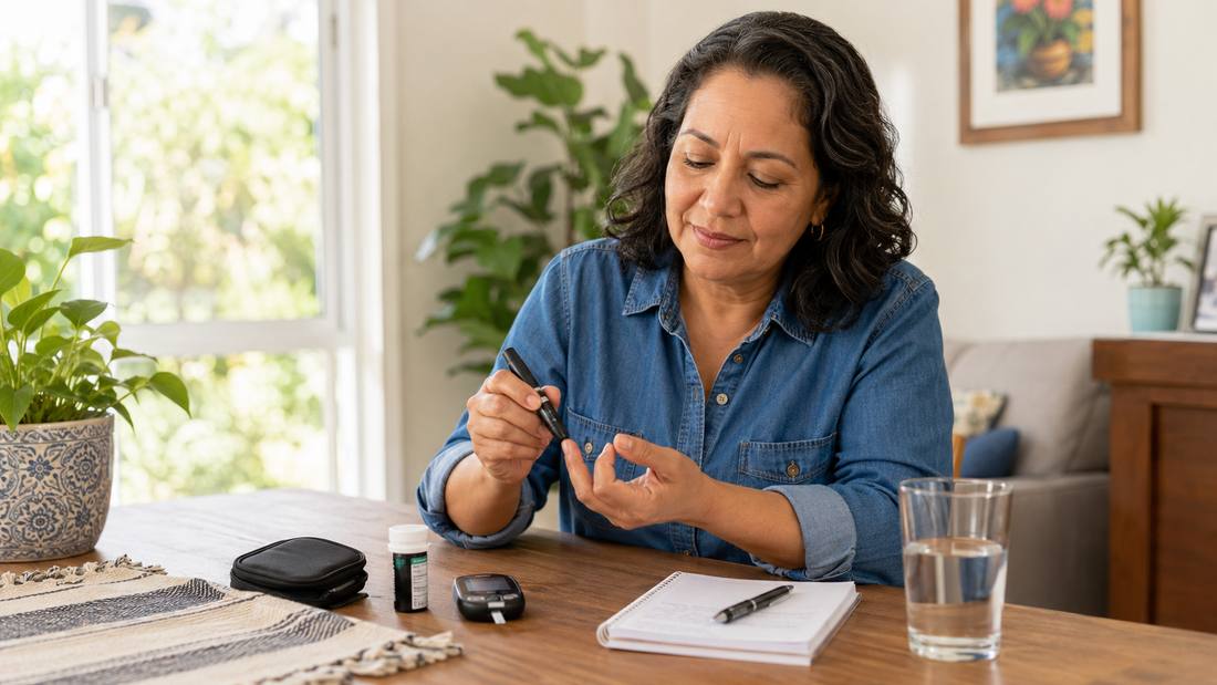 Checking blood sugar patterns at the kitchen table