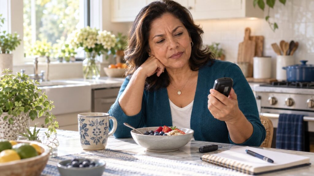 Checking a glucose reading at the breakfast table