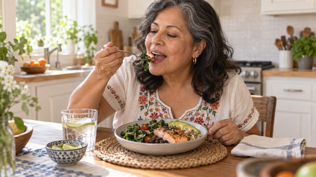 Enjoying a balanced bowl with salmon and greens