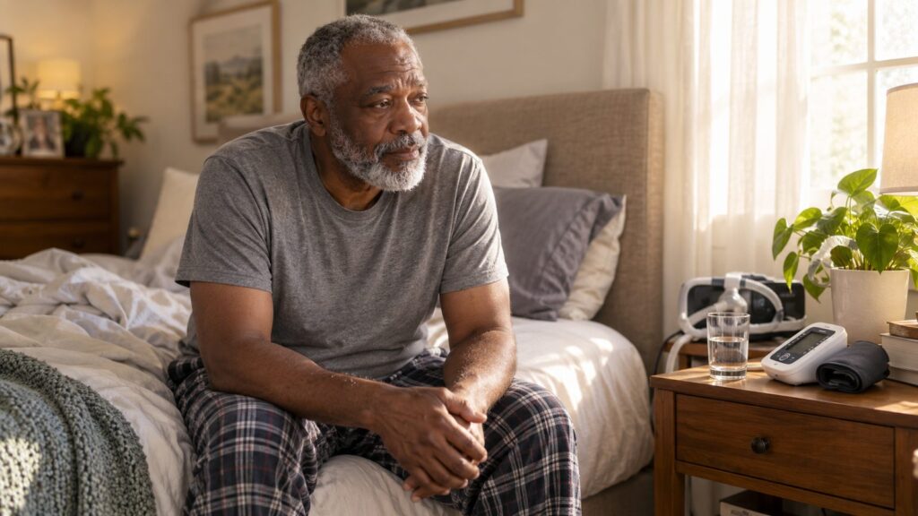 A bedside table with a CPAP machine and blood pressure monitor